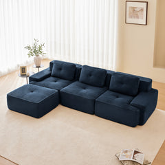 117" Modern L-Shaped Modular Sectional Sofa for Living Room, Corduroy Fabric,3-Seater Couch with Deep Seat and Movable Ottoman,Pearl-like piping, Tufted Design,No Assembly, Anti-slip Design, Blue