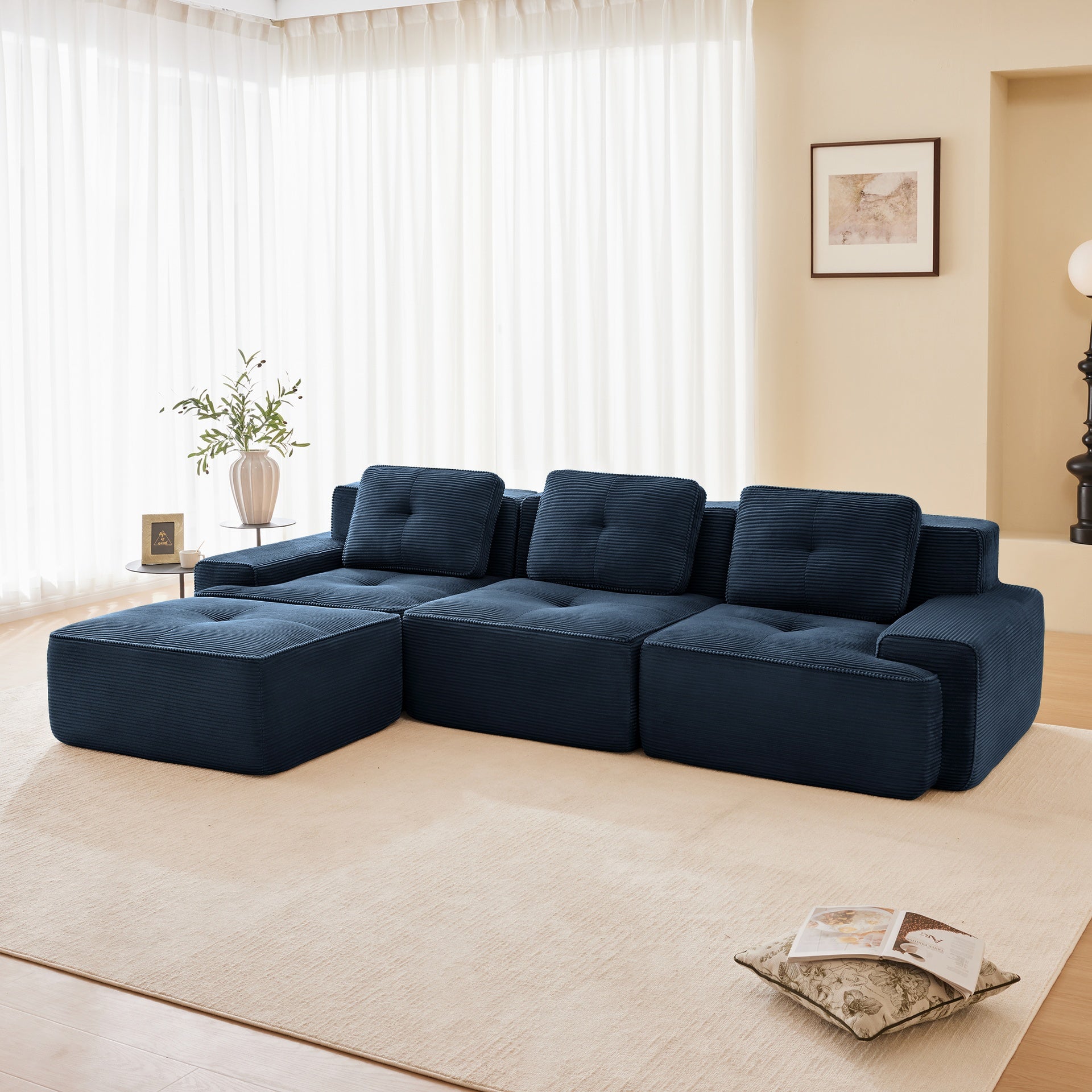 117" Modern L-Shaped Modular Sectional Sofa for Living Room, Corduroy Fabric,3-Seater Couch with Deep Seat and Movable Ottoman,Pearl-like piping, Tufted Design,No Assembly, Anti-slip Design, Blue