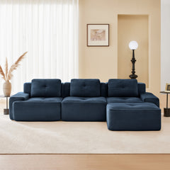 117" Modern L-Shaped Modular Sectional Sofa for Living Room, Corduroy Fabric,3-Seater Couch with Deep Seat and Movable Ottoman,Pearl-like piping, Tufted Design,No Assembly, Anti-slip Design, Blue