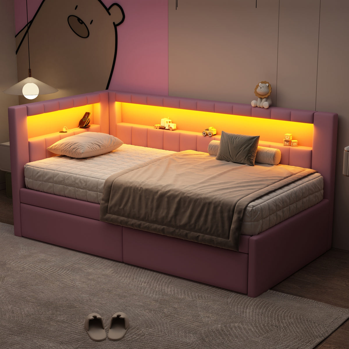 Upholstered Twin Size Platform Bed with USB Ports and LED Belt, With 2 Drawers, Pink