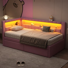 Upholstered Twin Size Platform Bed with USB Ports and LED Belt, With 2 Drawers, Pink