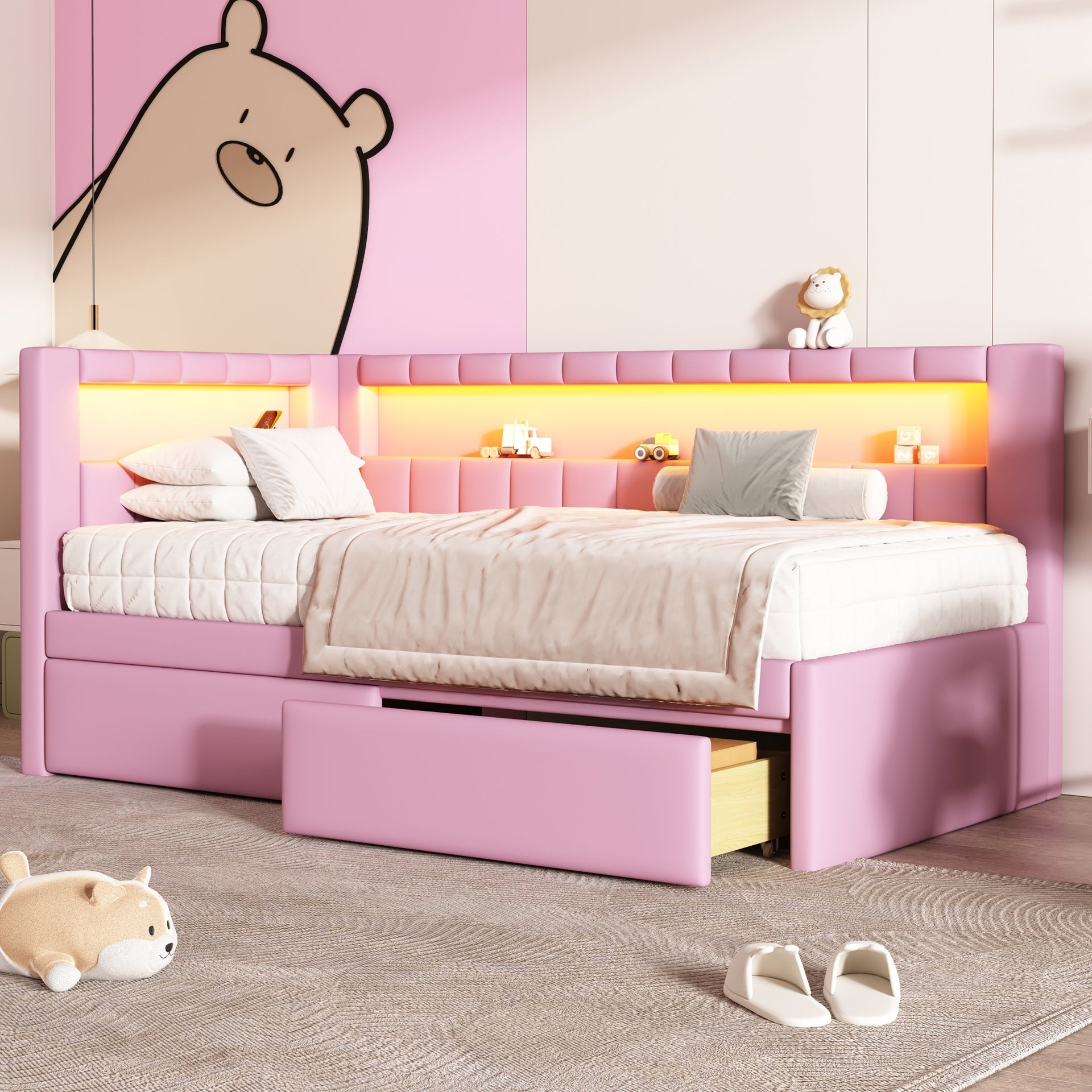Upholstered Twin Size Platform Bed with USB Ports and LED Belt, With 2 Drawers, Pink