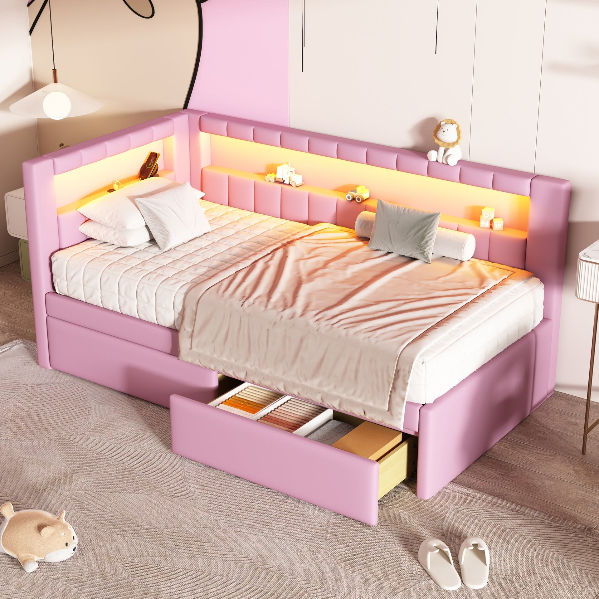 Upholstered Twin Size Platform Bed with USB Ports and LED Belt, With 2 Drawers, Pink