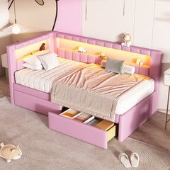 Upholstered Twin Size Platform Bed with USB Ports and LED Belt, With 2 Drawers, Pink