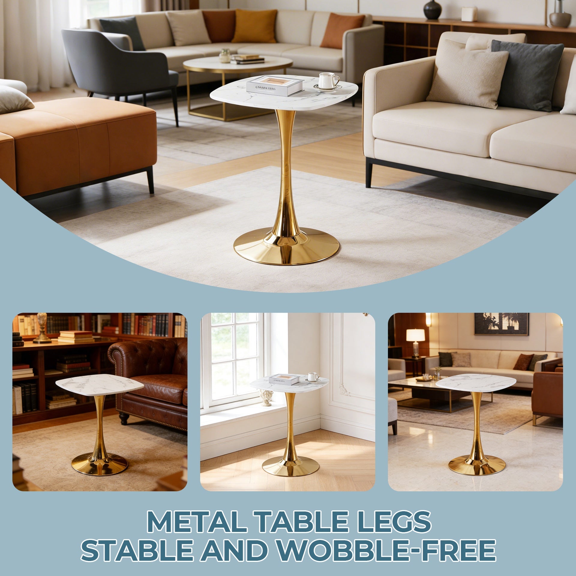 Square Tulip Dining Table for 2-4 Persons, 24 Inch Small Kitchen Table with Sturdy Golden Metal Pedestal Base, Modern Bistro Table for Small Space, Apartment, Cafe, Office, Living Room (White & Gold)