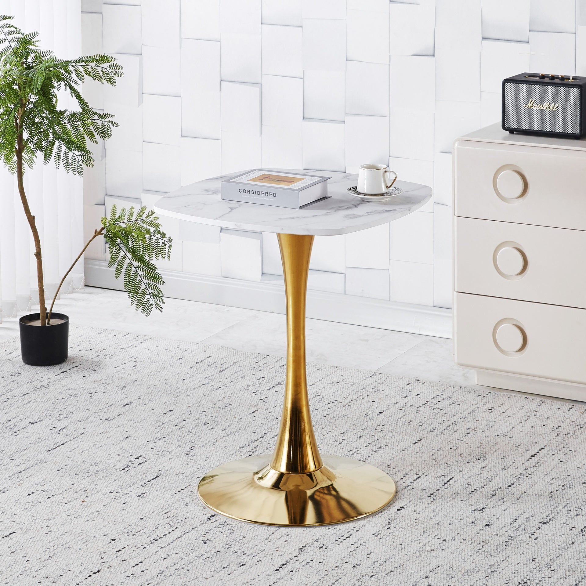 Square Tulip Dining Table for 2-4 Persons, 24 Inch Small Kitchen Table with Sturdy Golden Metal Pedestal Base, Modern Bistro Table for Small Space, Apartment, Cafe, Office, Living Room (White & Gold)