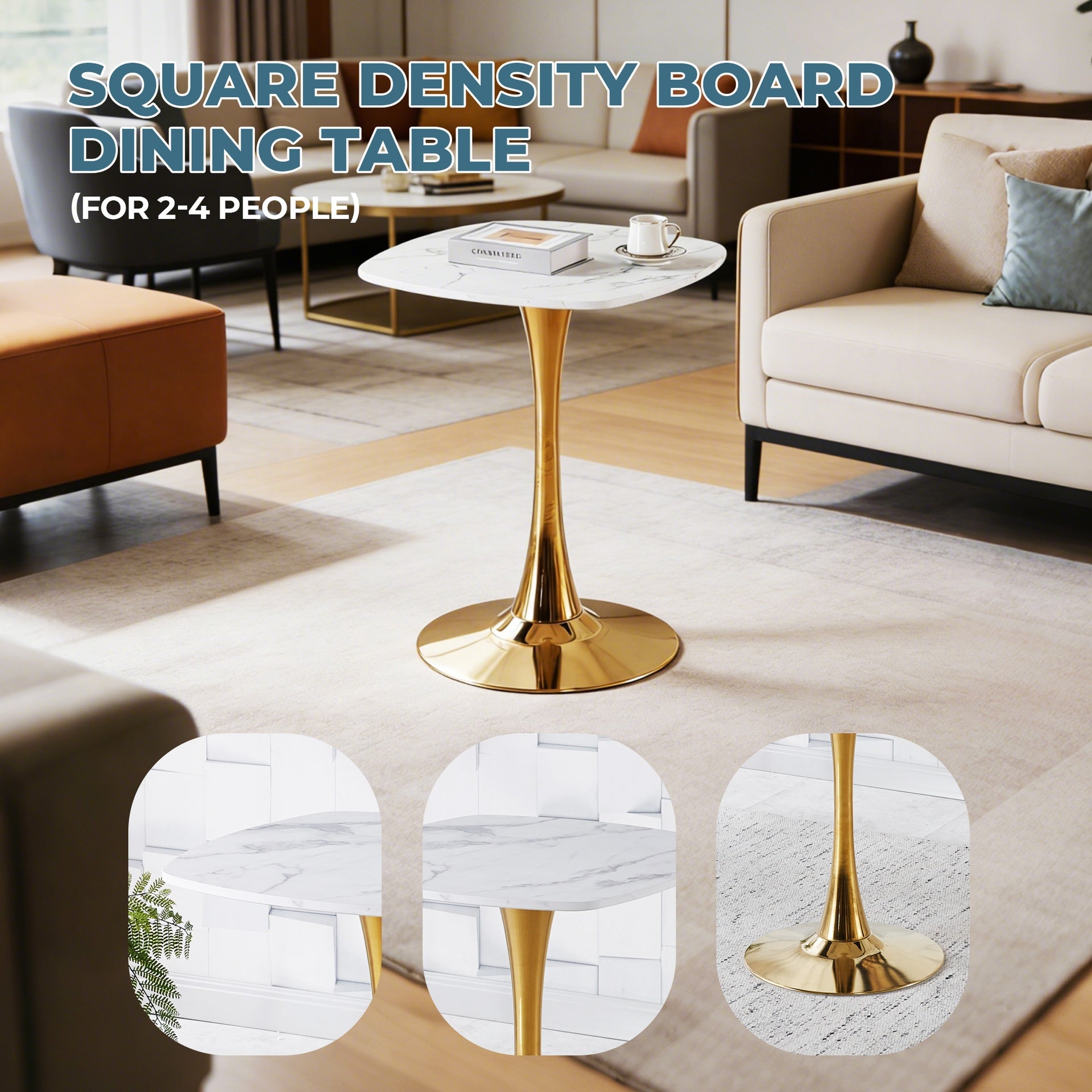 Square Tulip Dining Table for 2-4 Persons, 24 Inch Small Kitchen Table with Sturdy Golden Metal Pedestal Base, Modern Bistro Table for Small Space, Apartment, Cafe, Office, Living Room (White & Gold)