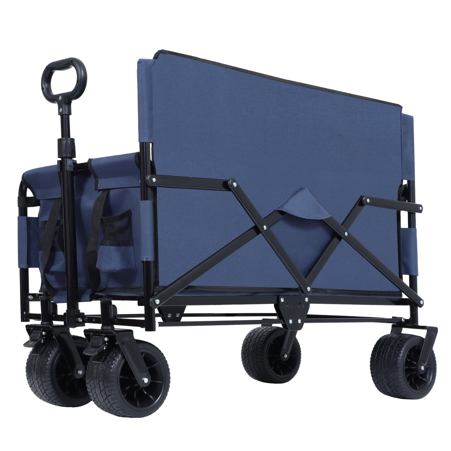 3-in-1 Convertible Folding Wagon Cart with Bench Seat & Storage - 500lbs Heavy-Duty Utility Wagon, 180L Capacity All-Terrain Wheels for Camping, Beach, Sports, Garden, dark blue
