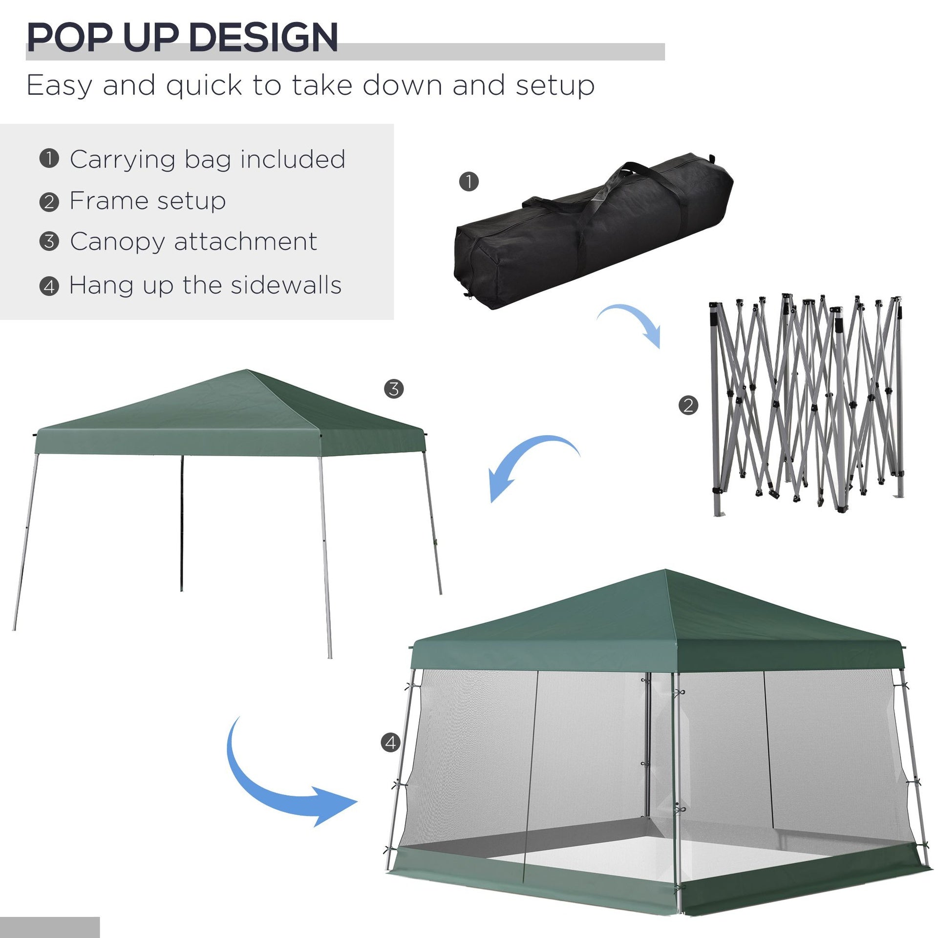 Outsunny Slant Leg Pop Up Canopy Tent with Netting and Carry Bag, Instant Sun Shelter, Tents for Parties, Height Adjustable, for Outdoor, Garden, Patio, (11.5'x11.5' Base / 10'x10' Top), Green