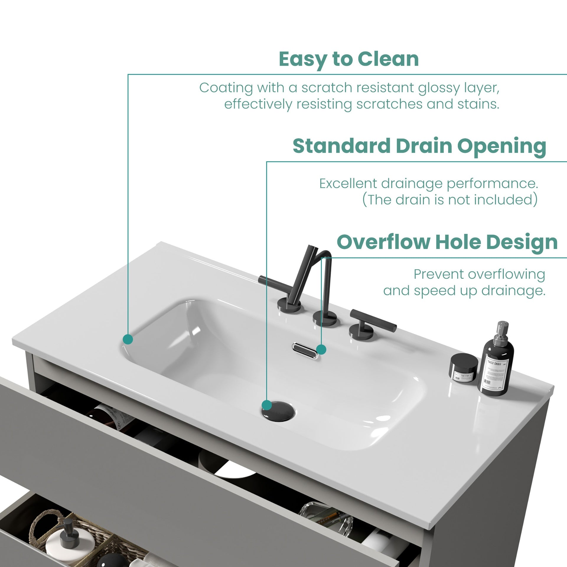 BB0936Y331, Integrated white ceramic basin, drain assembly NOT included