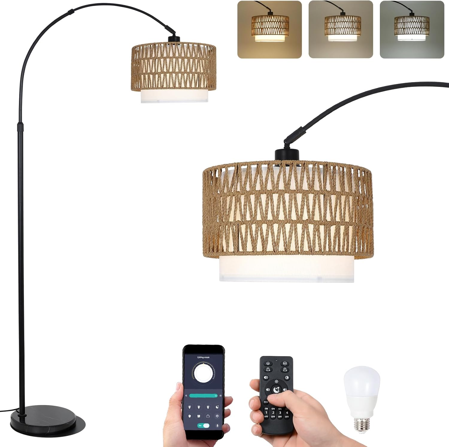 Arc Floor Lamp with Remote, Modern LED Floor Lamp with Dimmable Bulb, Boho Farmhouse Standing lamp with Fabric & Rattan Lampshades, Height Adjustable Black Tall Lamp for Living Room Bedroom