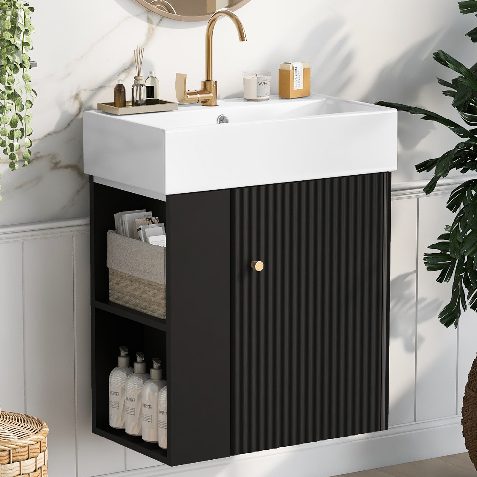 21.6 inch Modern Floating Bathroom Vanity with Ceramic Basin - Perfect for Small Bathrooms, Left side storage