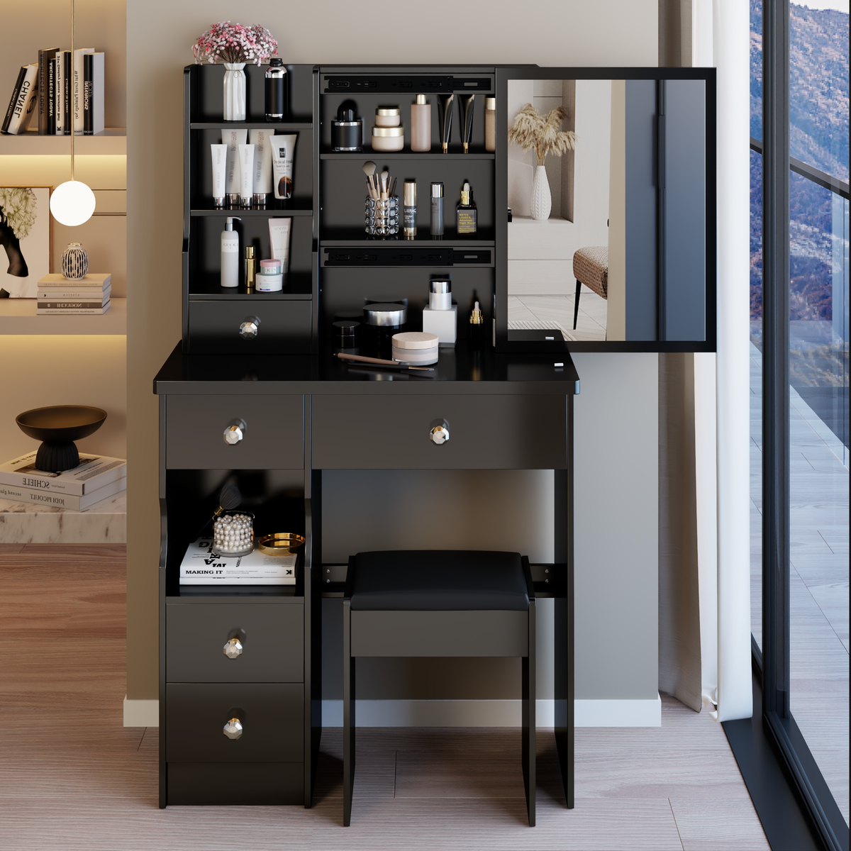 29.2 inch  Small Space Left Drawer Desktop Vanity Table + Cushioned Stool, Extra Large Right sliding mirror, Multi Layer High Capacity Storage, Practical Fashionable Dresser, Suitable For Small Space