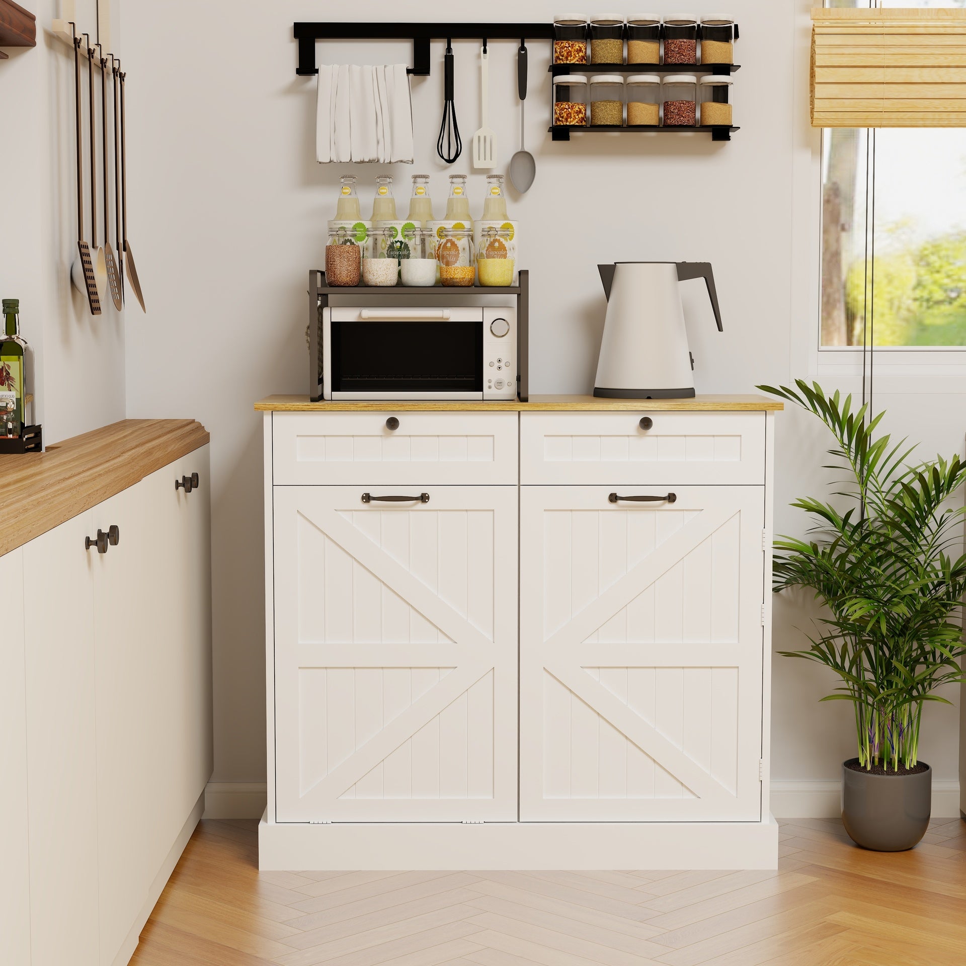 Kitchen Trash Can Storage Cabinet with 2 Drawers & 1 Tilt Out Trash Cabinet & 1 door with storage rack & 2 Shelves for Kitchen, Dinning Room, Living Room-White
