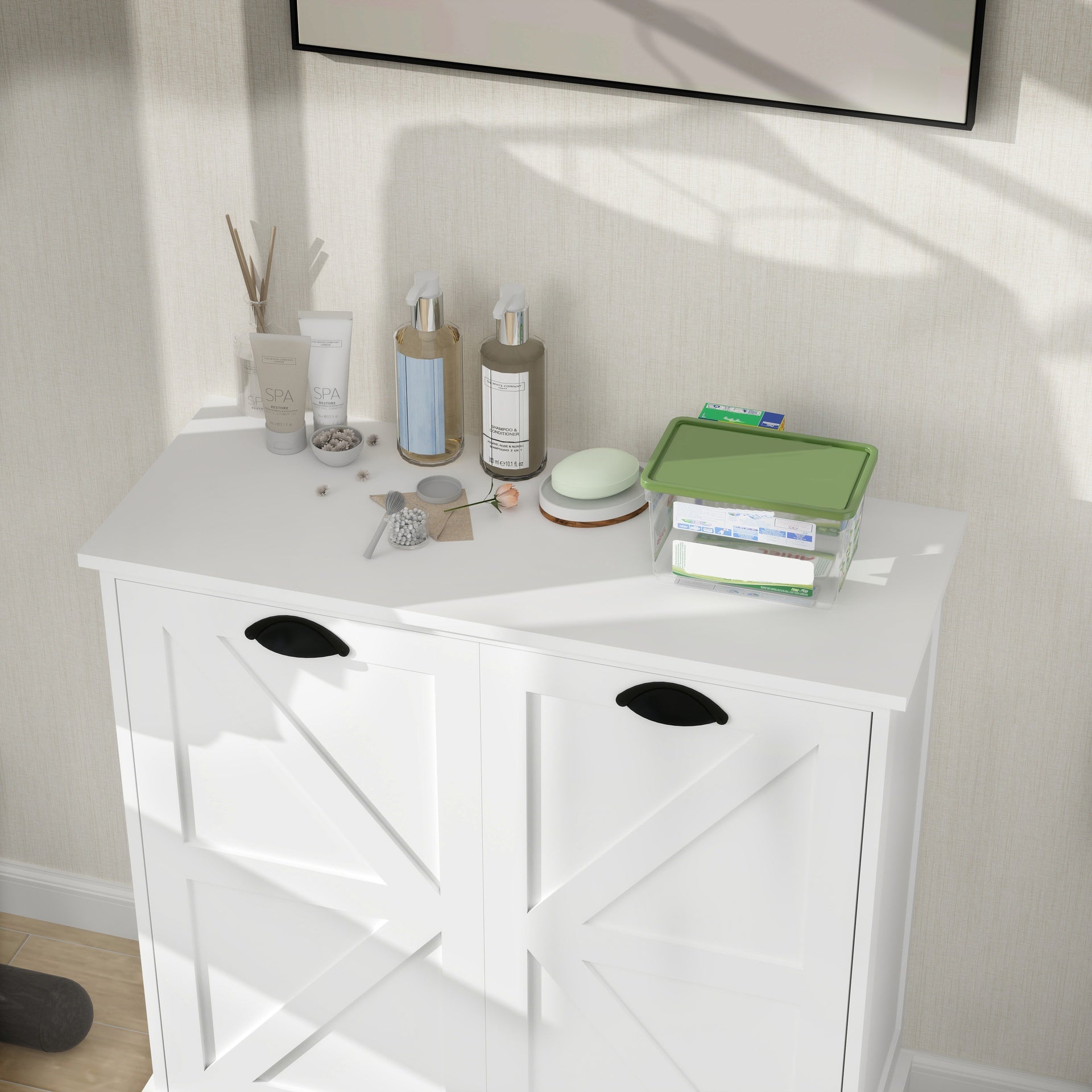 Two-Compartment Tilt-Out Laundry Sorter Cabinet-White