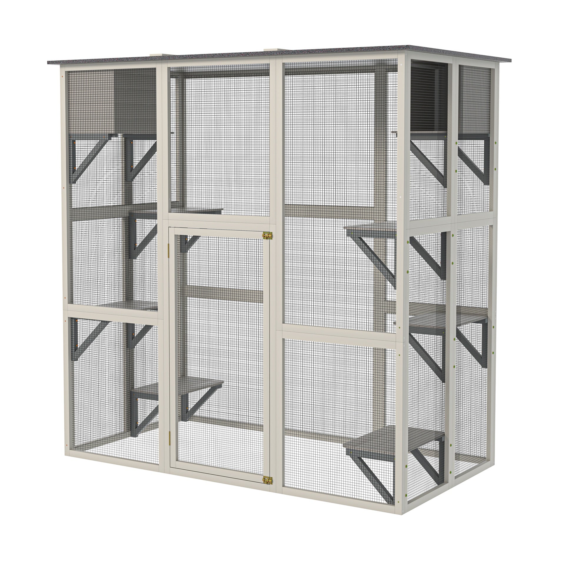 Gray Wooden Outdoor Catio Cat Enclosure with Weatherproof Asphalt Roof, Large Walk-in Cat House with 6 Platforms & 2 Napping Boxes, Solid Wood Cat Cage  Kennel Condo Playpen for Patio
