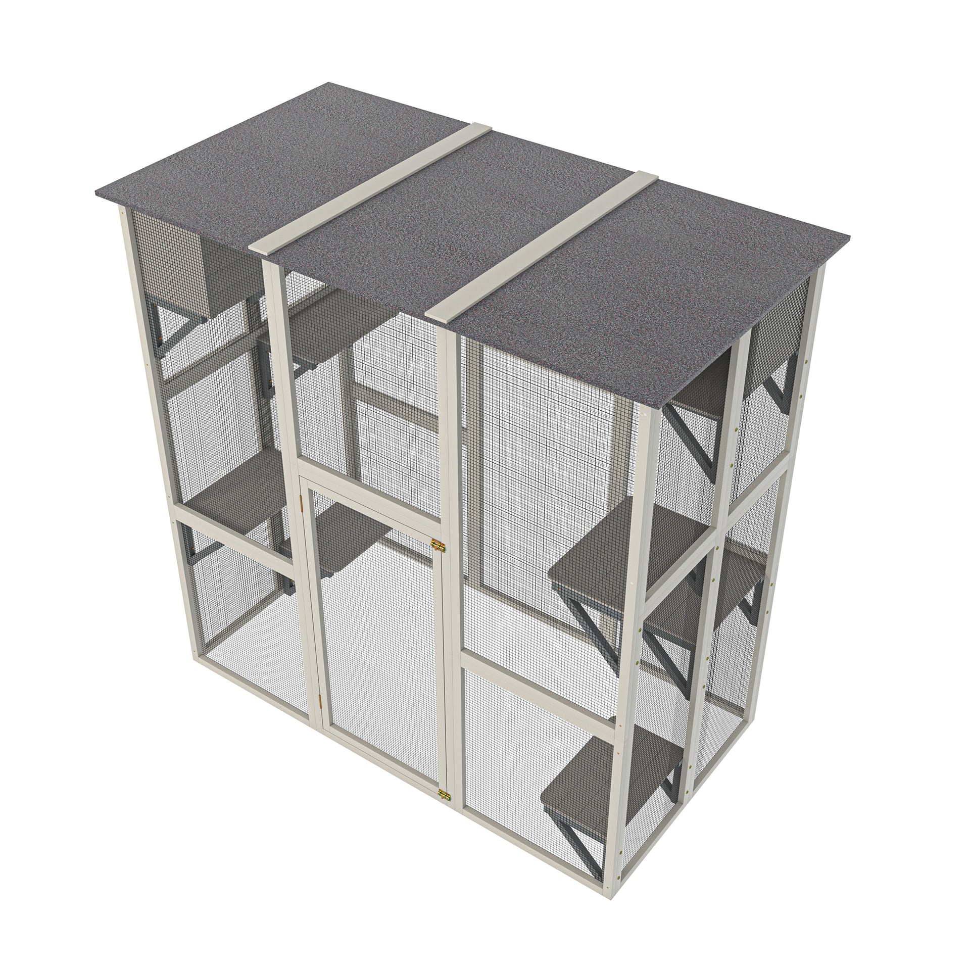 Gray Wooden Outdoor Catio Cat Enclosure with Weatherproof Asphalt Roof, Large Walk-in Cat House with 6 Platforms & 2 Napping Boxes, Solid Wood Cat Cage  Kennel Condo Playpen for Patio