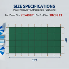 Swimming Pool Safety Cover, Fits 20x40ft Rectangular underground and Inground Swimming Pools, Triple Stitched High Strength Mesh PP Abrasion Resistant  Installation Hardware Included,Green Mesh