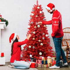 6FT Red Christmas Tree – Pure Red PVC Tree with 804 Tips, Hinged Branches for Easy Setup, Stable Metal Stand, Bold Holiday Decoration