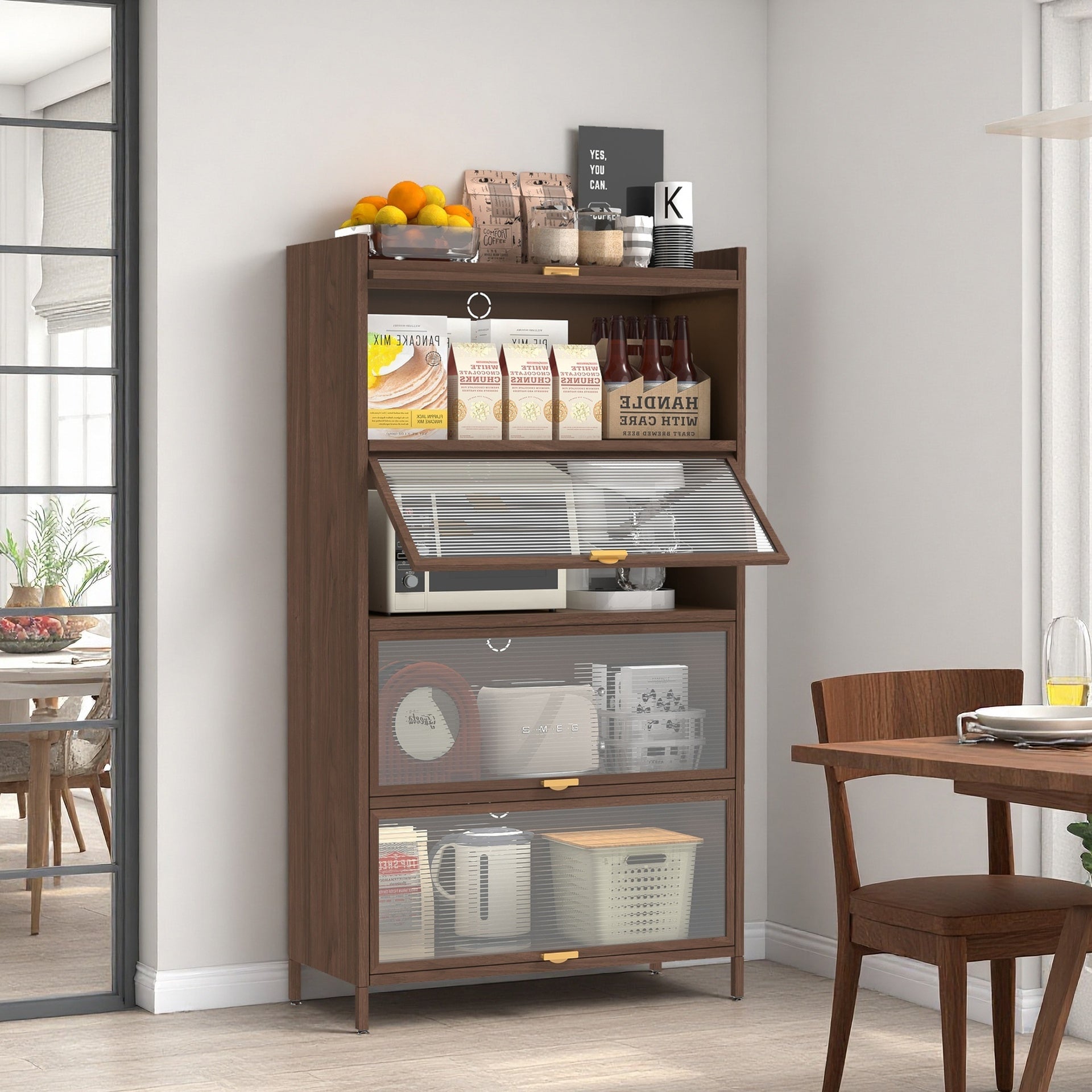 57'' Tall Metal 4 Flip Doors Cabinet, with Ample Storage Space for Bedroom, Office, Living Room, Hallway, Entryway ( Walnut )