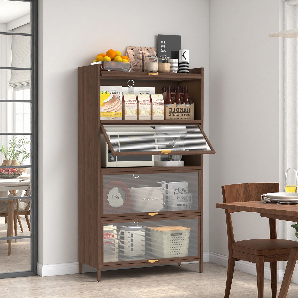 57'' Tall Metal 4 Flip Doors Cabinet, with Ample Storage Space for Bedroom, Office, Living Room, Hallway, Entryway ( Walnut )