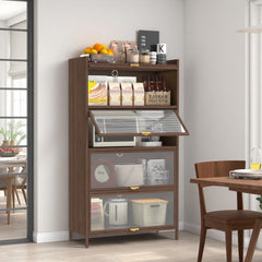 57'' Tall Metal 4 Flip Doors Cabinet, with Ample Storage Space for Bedroom, Office, Living Room, Hallway, Entryway ( Walnut )