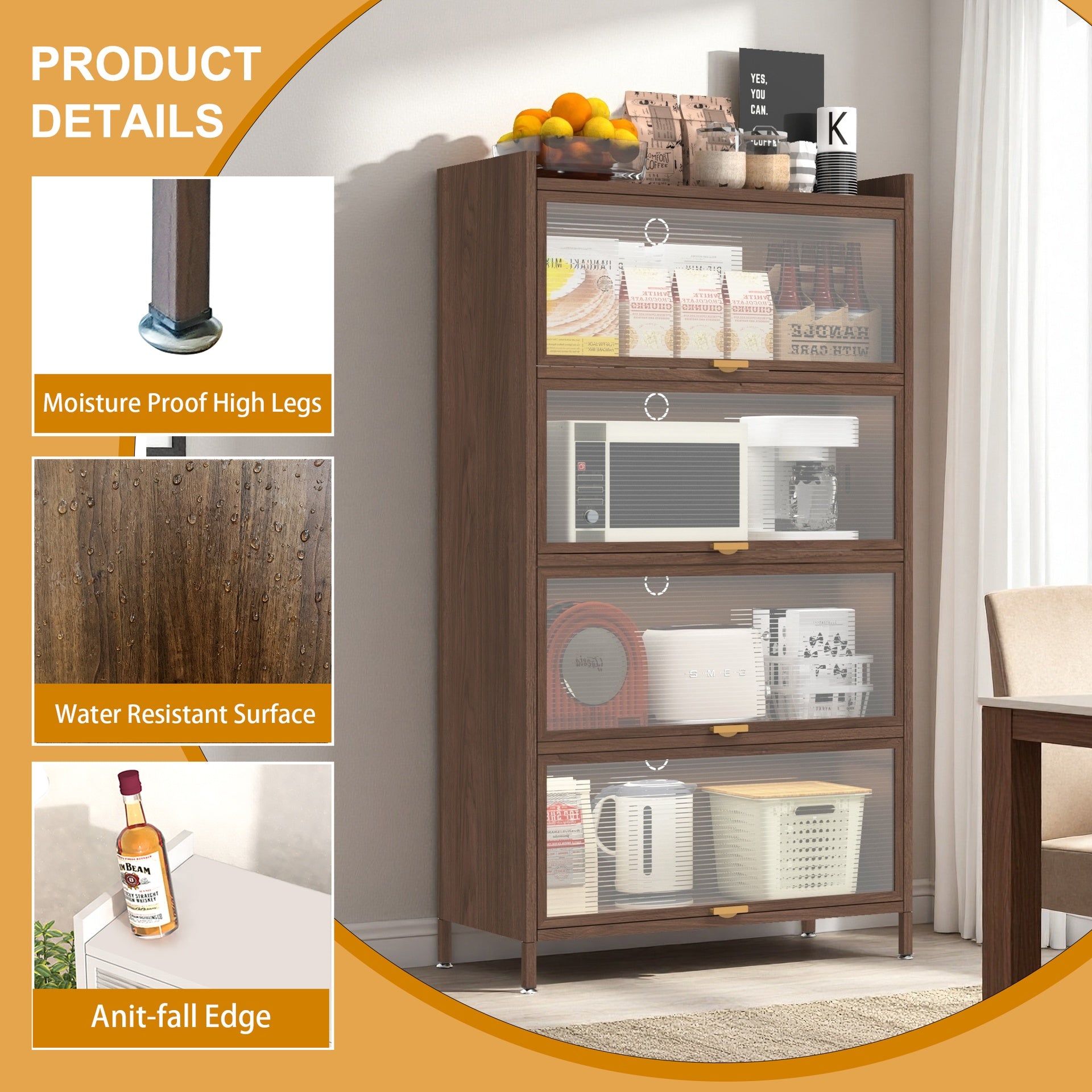 57'' Tall Metal 4 Flip Doors Cabinet, with Ample Storage Space for Bedroom, Office, Living Room, Hallway, Entryway ( Walnut )