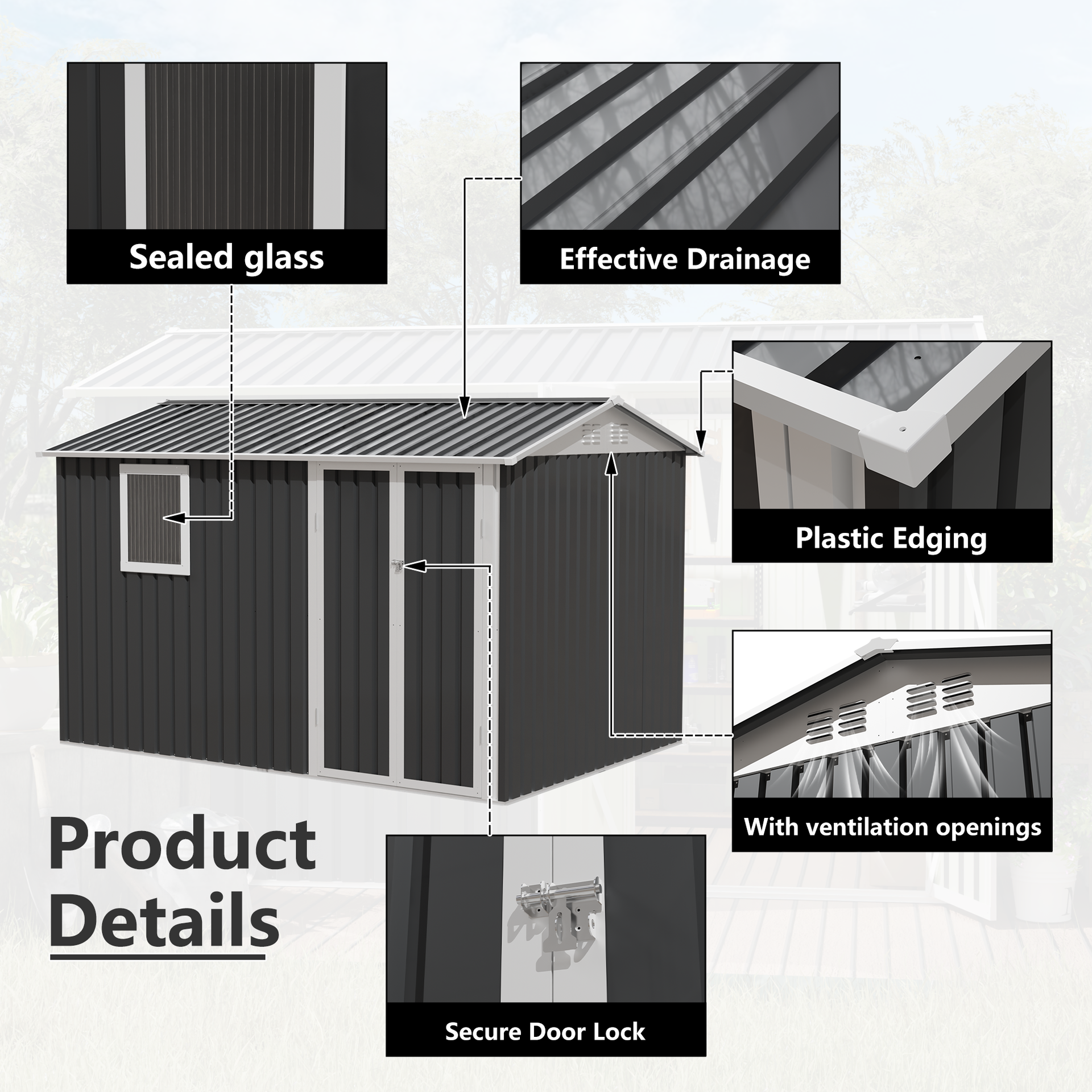 9*6 FT Metal Garden Shed for Patio Backyard Tools House Storage Shed with One Window 9.5 x 6.7FT