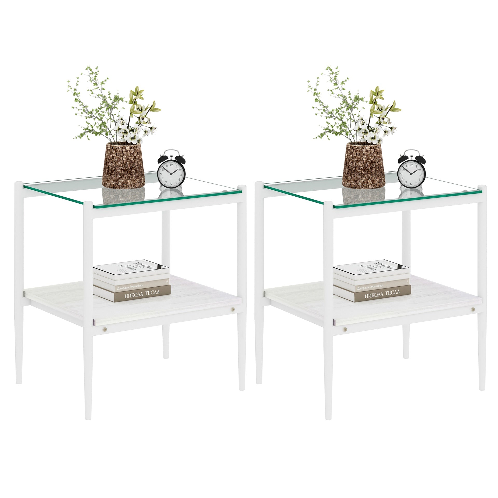 Set of 2 Rectangle End Table, Tempered Glass Tabletop with MDF layer, Modern Table for Living Room , Transparent Glass