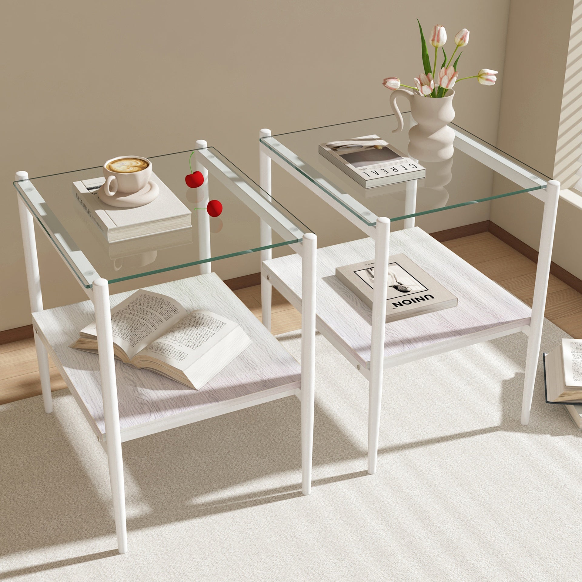 Set of 2 Rectangle End Table, Tempered Glass Tabletop with MDF layer, Modern Table for Living Room , Transparent Glass