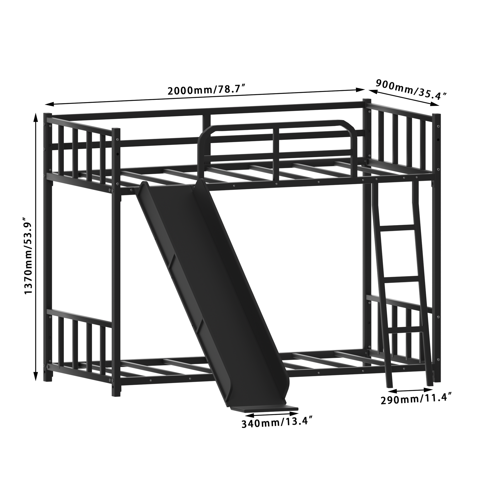 Bunk Bed with Ladder and Slide, metal Bed Frame with Safety Guard Rails, Black,Custom mattress needed