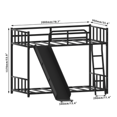 Bunk Bed with Ladder and Slide, metal Bed Frame with Safety Guard Rails, Black,Custom mattress needed