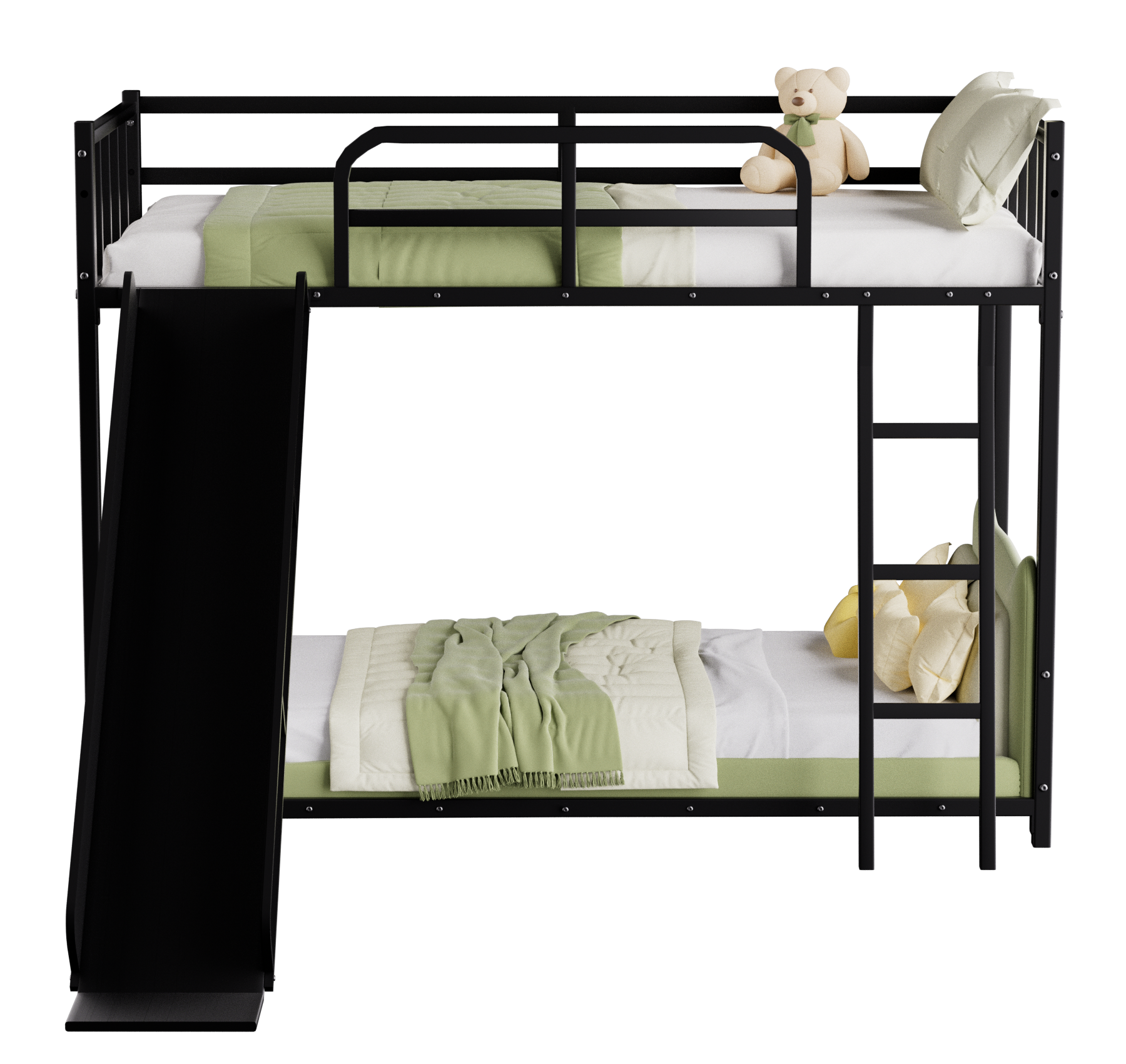 Bunk Bed with Ladder and Slide, metal Bed Frame with Safety Guard Rails, Black,Custom mattress needed