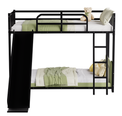 Bunk Bed with Ladder and Slide, metal Bed Frame with Safety Guard Rails, Black,Custom mattress needed