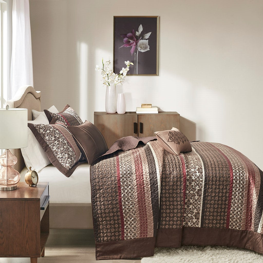 5 Piece Reversible Jacquard Bedspread Set Red King