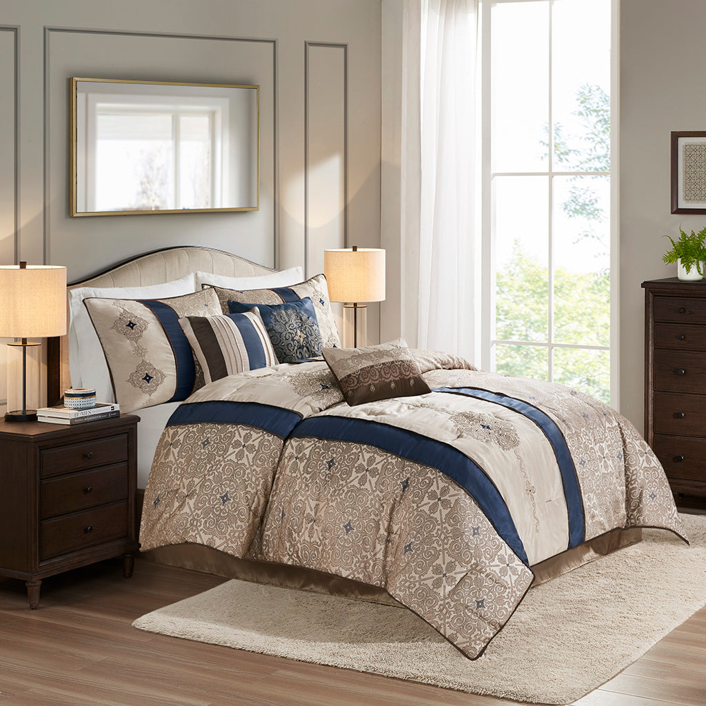 King 7 Piece Jacquard Comforter Set with Throw Pillows