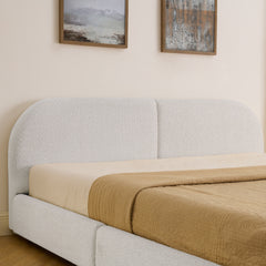 King Size Upholstered Bed Frame Modern Minimalist Style - Circle Yarn Fabric, Tall Curved Headboard, Sturdy Leg Support & Wheeled Drawer Storage, Mattress Not Included -Beige