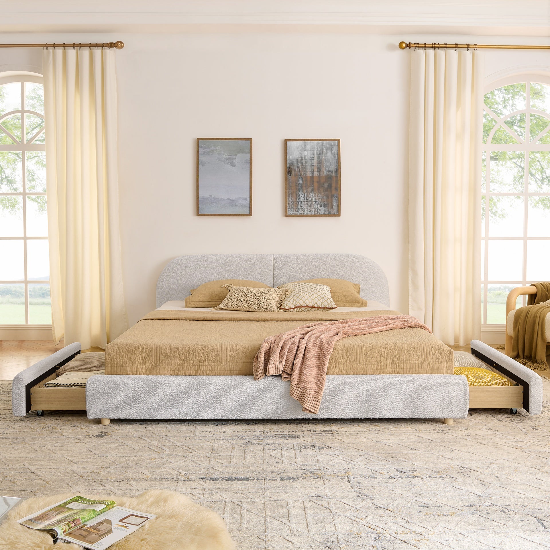 King Size Upholstered Bed Frame Modern Minimalist Style - Circle Yarn Fabric, Tall Curved Headboard, Sturdy Leg Support & Wheeled Drawer Storage, Mattress Not Included -Beige