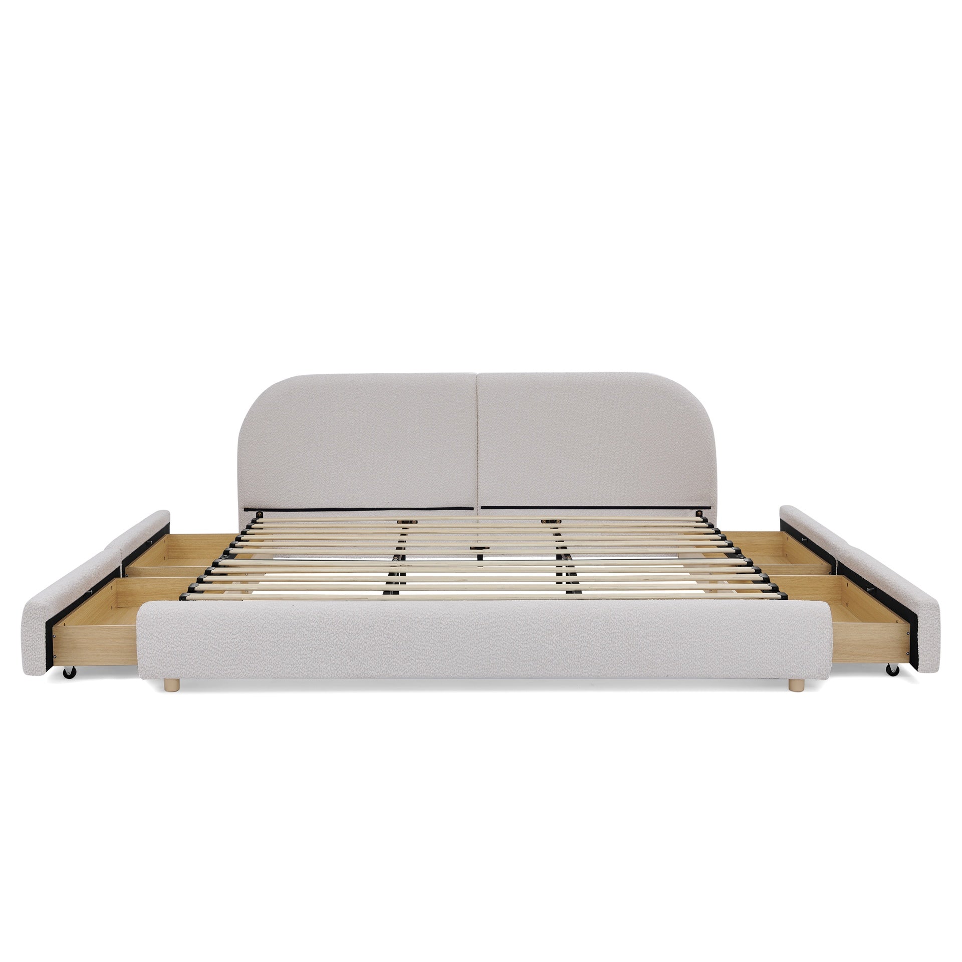 King Size Upholstered Bed Frame Modern Minimalist Style - Circle Yarn Fabric, Tall Curved Headboard, Sturdy Leg Support & Wheeled Drawer Storage, Mattress Not Included -Beige