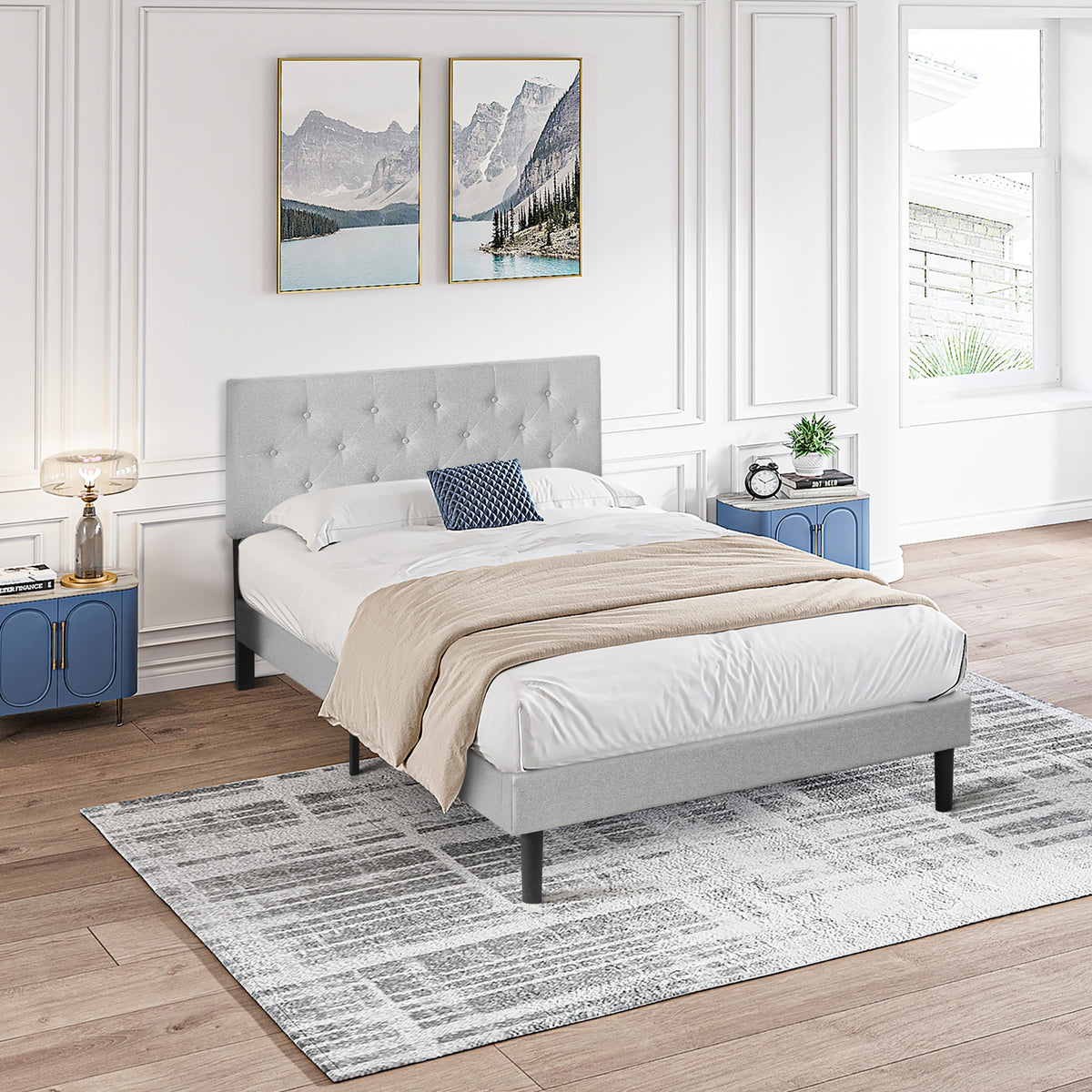 Queen Size Upholstered Platform Bed Frame with Modern Button Tufted Linen Fabric Headboard, No Box Spring Needed, Wood Slat Support, Easy Assembly, Grey