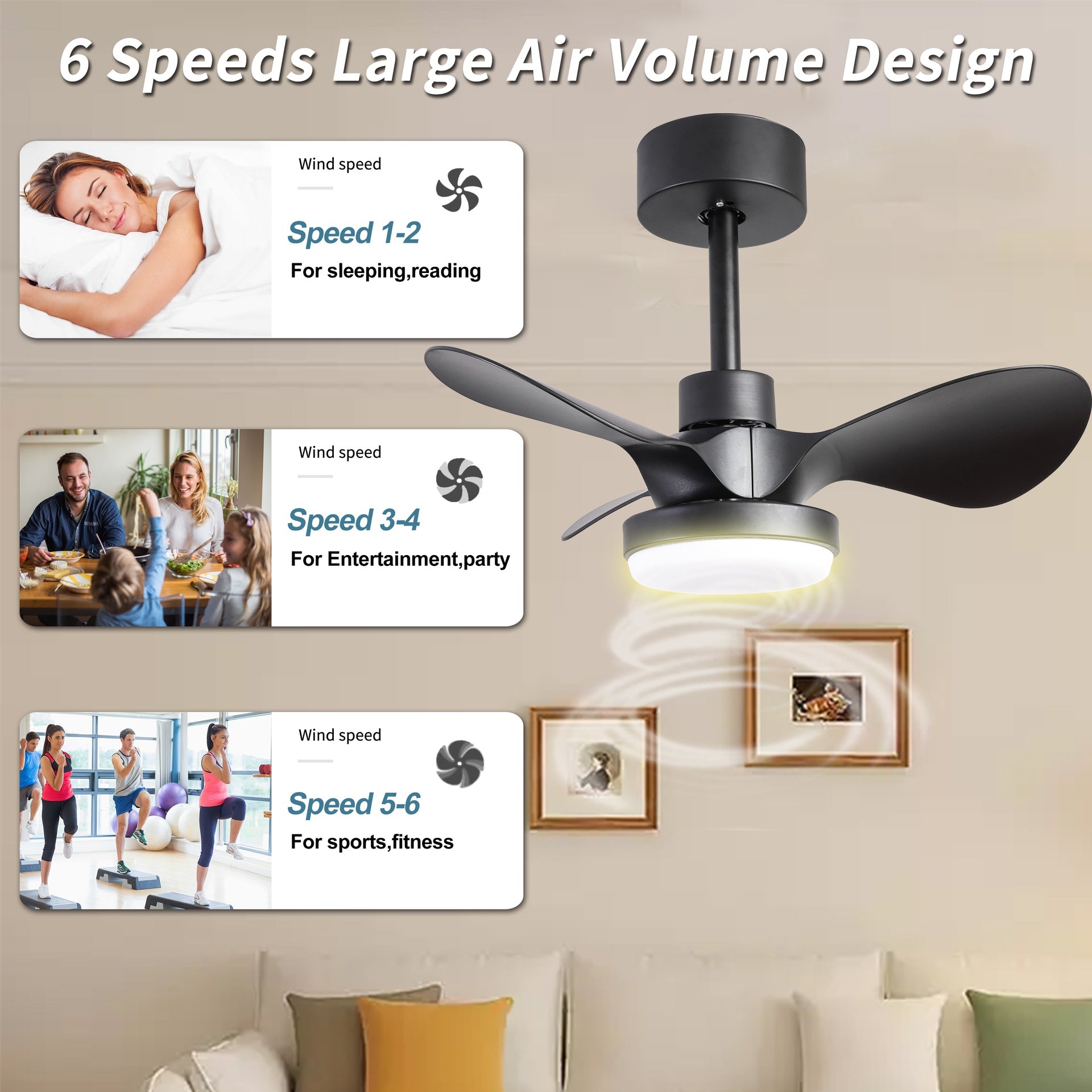 24" Small  Ceiling Fan with Light remote control ,Modern Low Profile black Ceiling Fan, 6-Speeds Quiet Reversible DC motor  for Bedroom,Kitchen