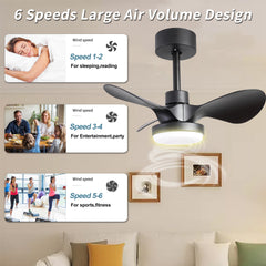 24" Small  Ceiling Fan with Light remote control ,Modern Low Profile black Ceiling Fan, 6-Speeds Quiet Reversible DC motor  for Bedroom,Kitchen