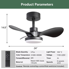 24" Small  Ceiling Fan with Light remote control ,Modern Low Profile black Ceiling Fan, 6-Speeds Quiet Reversible DC motor  for Bedroom,Kitchen