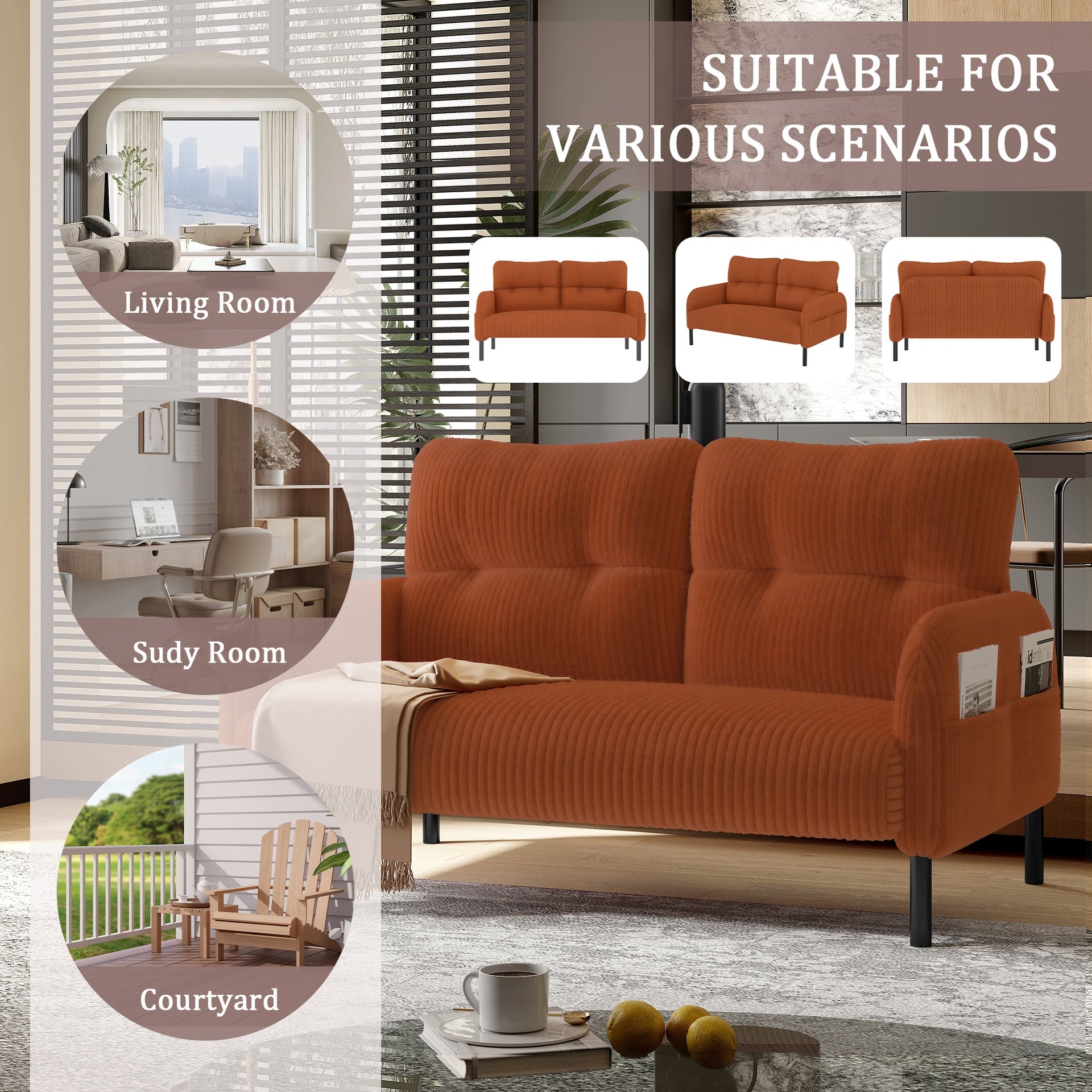 UNITED WE WIN corduroy fabric, comfortable monochrome double sofa, suitable for living rooms and bedrooms
