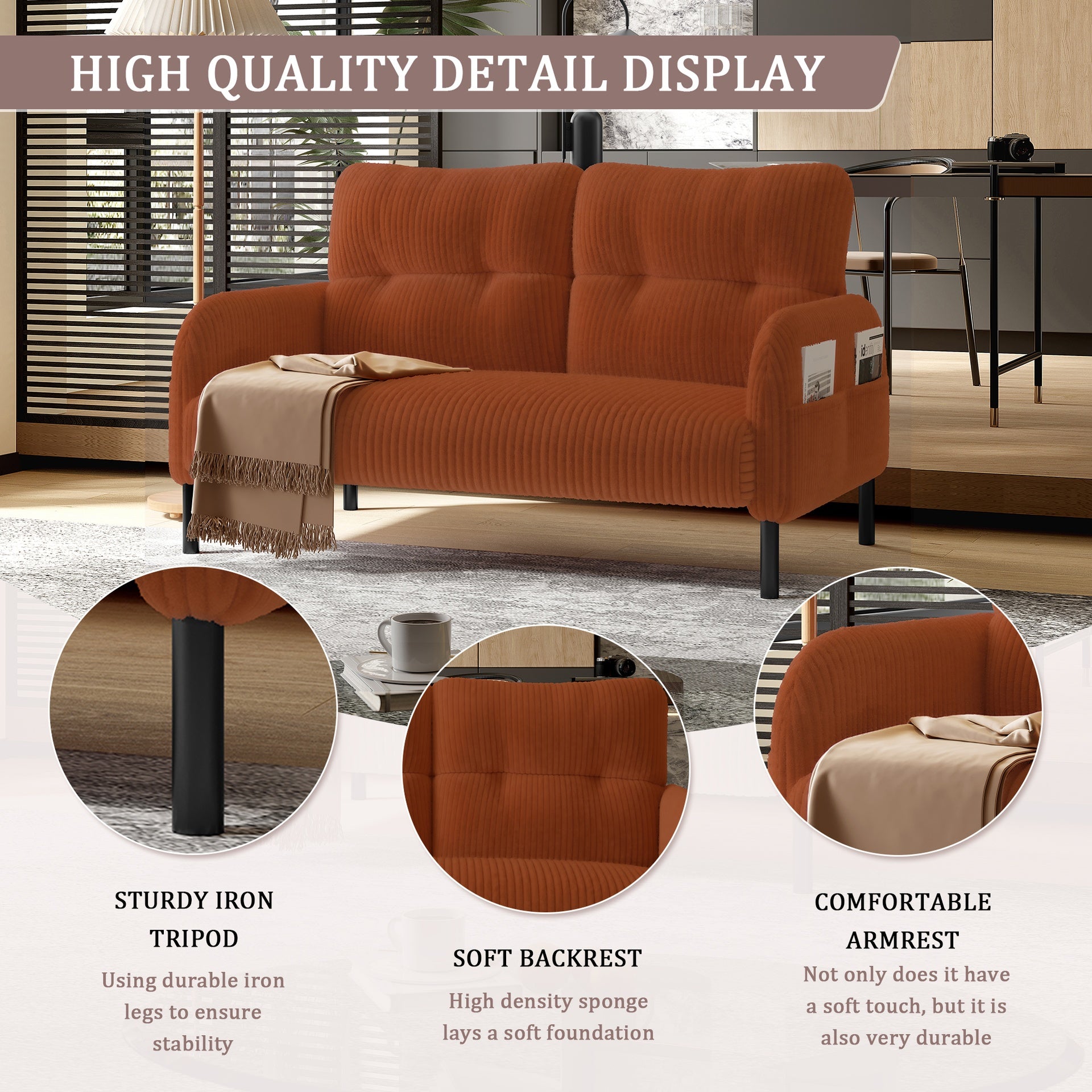 UNITED WE WIN corduroy fabric, comfortable monochrome double sofa, suitable for living rooms and bedrooms