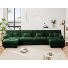 Free Combination Modular Sectional Sofa,U Shaped Couch for Living Room, 4-Seater Comfy Cloud Couch with 2 Ottomans, Chenille Green