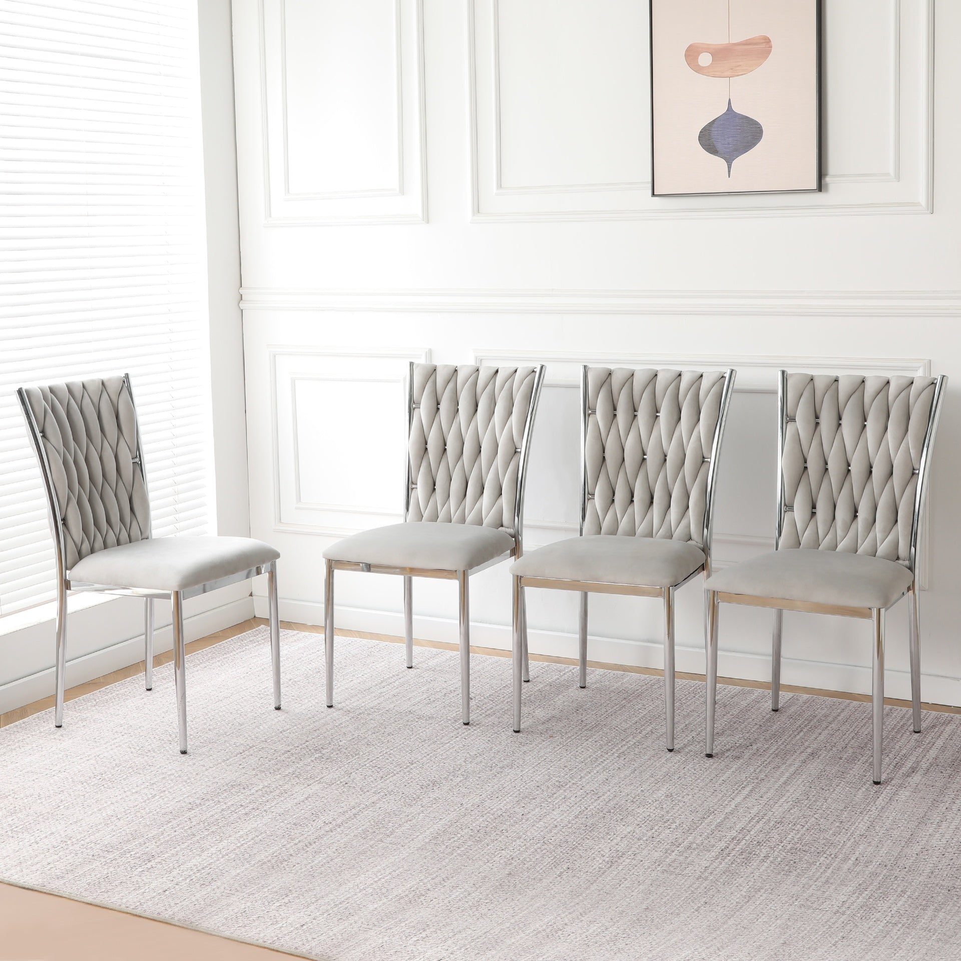 Modern simple Light gray velvet dining chair, family bedroom stool back student table chair, Electroplated metal chair legs, suitable for dining room kitchen bedroom (set of 4)