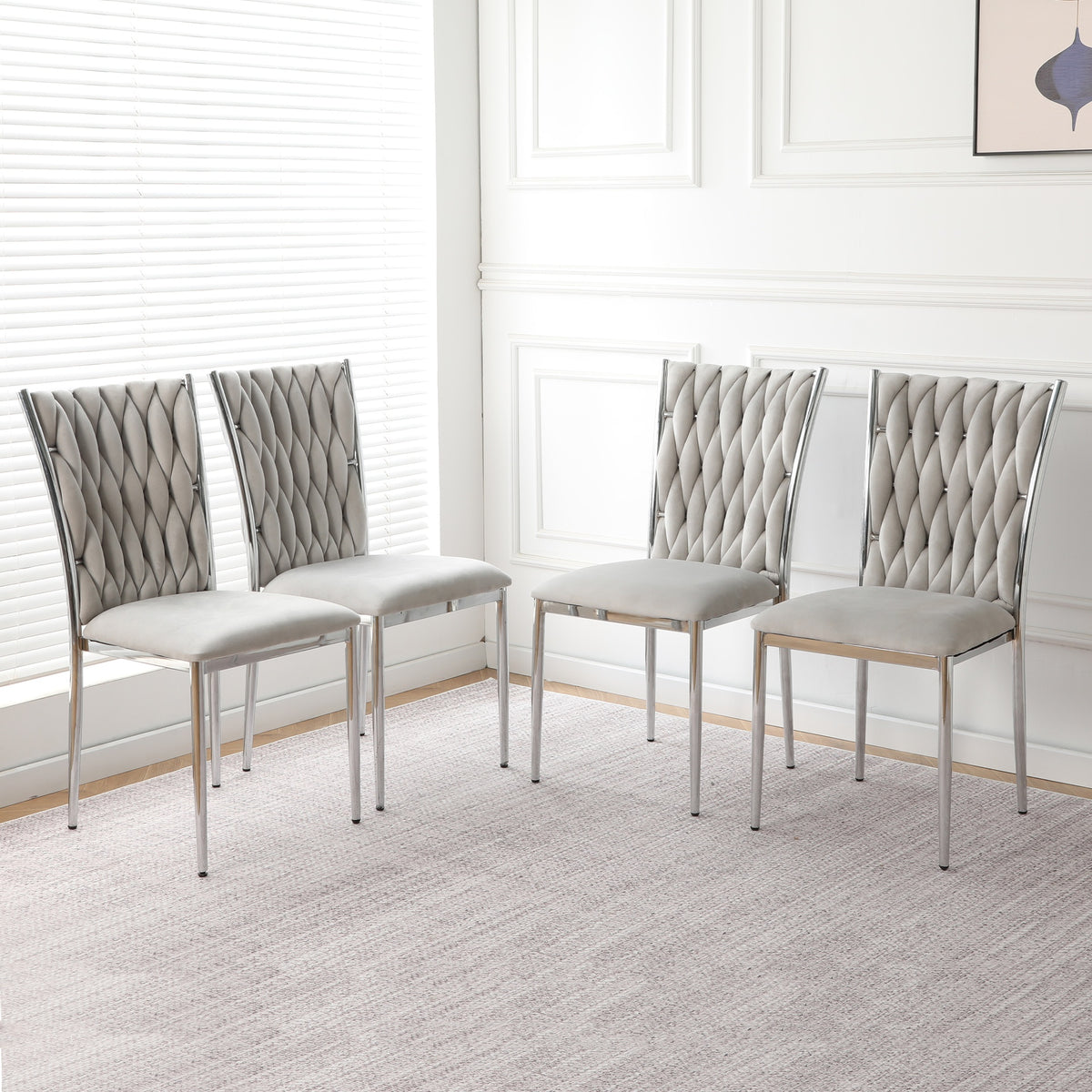 Modern simple Light gray velvet dining chair, family bedroom stool back student table chair, Electroplated metal chair legs, suitable for dining room kitchen bedroom (set of 4)