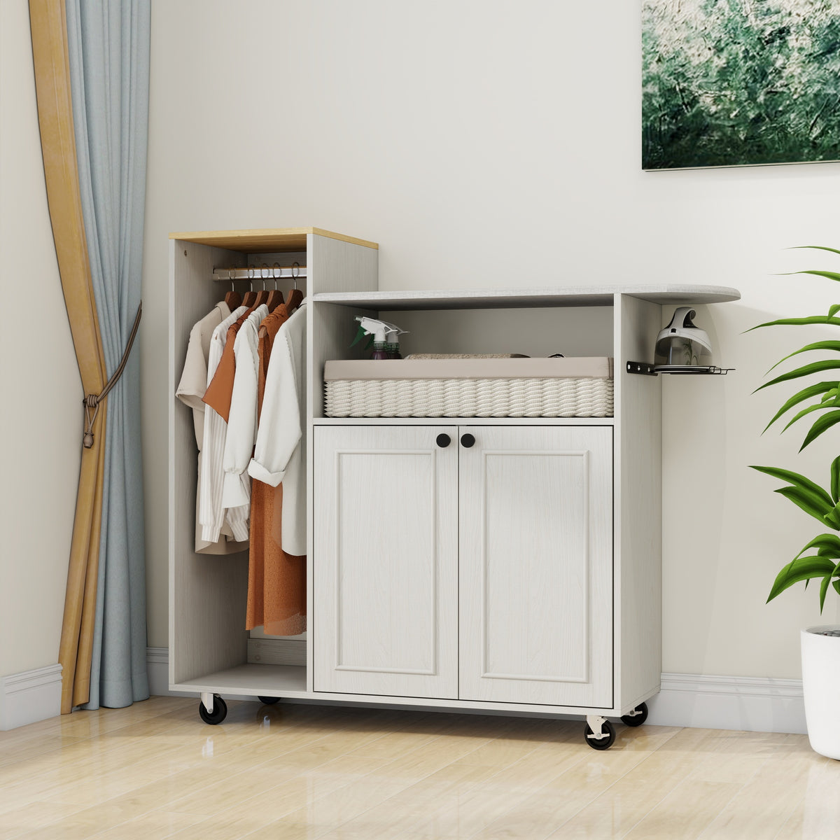 Ironing Cart with Rolling Ironing Board, Multipurpose Ironing Cabinet with Wheels and a Adjustable Shelf, Compact Ironing Solution for Laundry Room, Bedroom,Cloakroom-Antique White