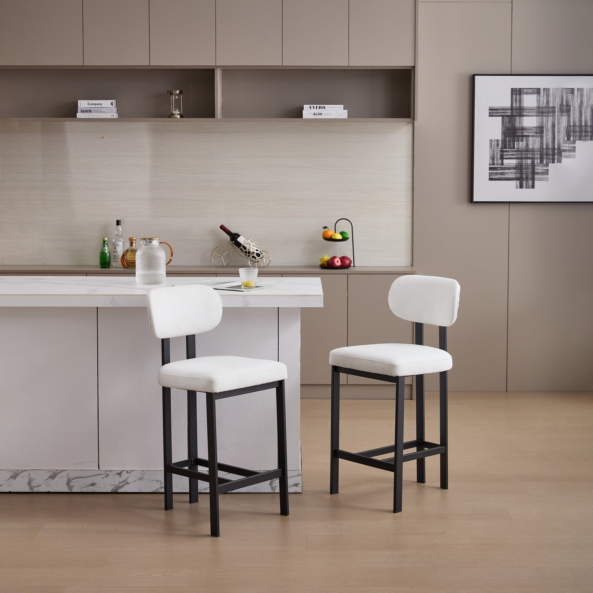 Bar Stools Set of 2, 26 inch Modern Upholstered Fabric Counter Height Barstools, Kitchen Island Chairs with Black Metal Legs for Dining Room/Kitchen Island/Bar